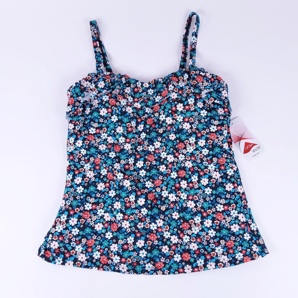 New Lands' End Tummy Control Ruffle Tankini Black Ditsy Floral 523927 Size 8